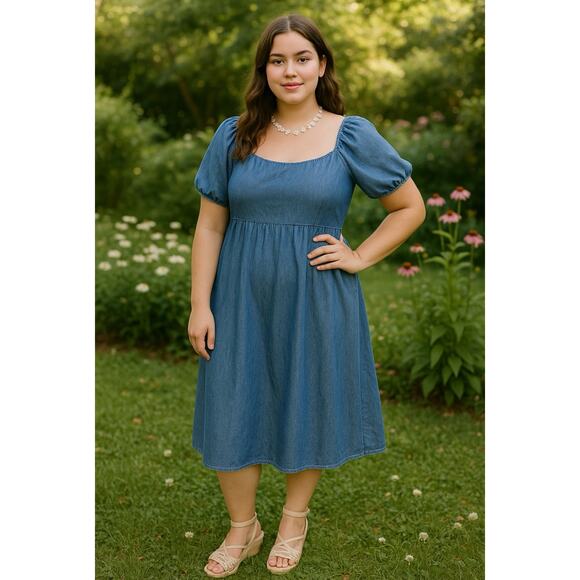 Old Navy Blue Denim Midi Maxi Dress Puff Sleeve Smocked Bodice Cottage Boho Lg - Picture 1 of 8